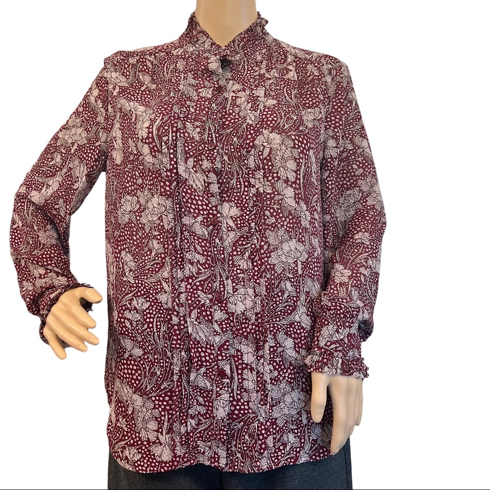 Anthropologie See‎ U Soon Long Sleeve Burgundy Button Down Blouse Womens Size S